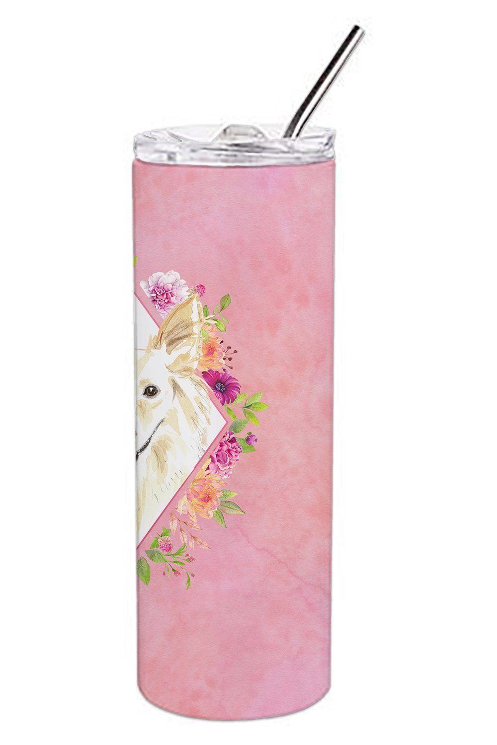 White Collie Pink Flowers Double Walled Stainless Steel 20 oz Skinny Tumbler CK4201TBL20 by Caroline's Treasures