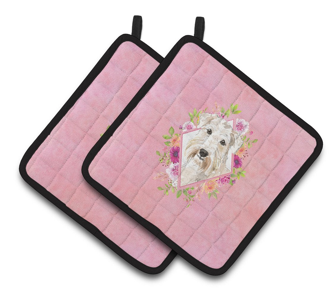 Wheaten Terrier Pink Flowers Pair of Pot Holders CK4202PTHD by Caroline&#39;s Treasures