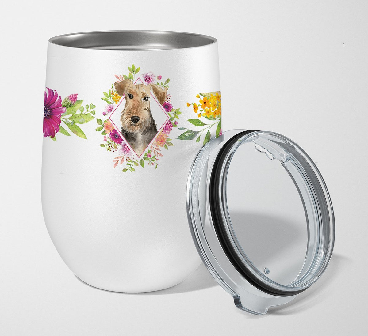 Airedale Terrier Pink Flowers Stainless Steel 12 oz Stemless Wine Glass CK4204TBL12 by Caroline&#39;s Treasures