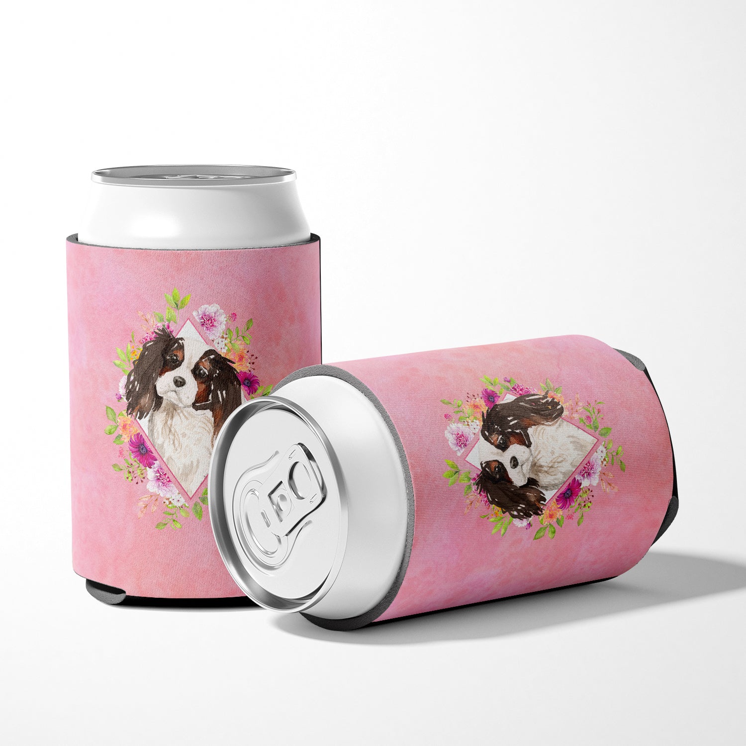 Tricolor Cavalier Spaniel Pink Flowers Can or Bottle Hugger CK4206CC