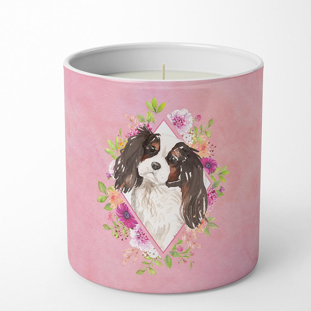 Tricolor Cavalier Spaniel Pink Flowers 10 oz Decorative Soy Candle CK4206CDL by Caroline&#39;s Treasures