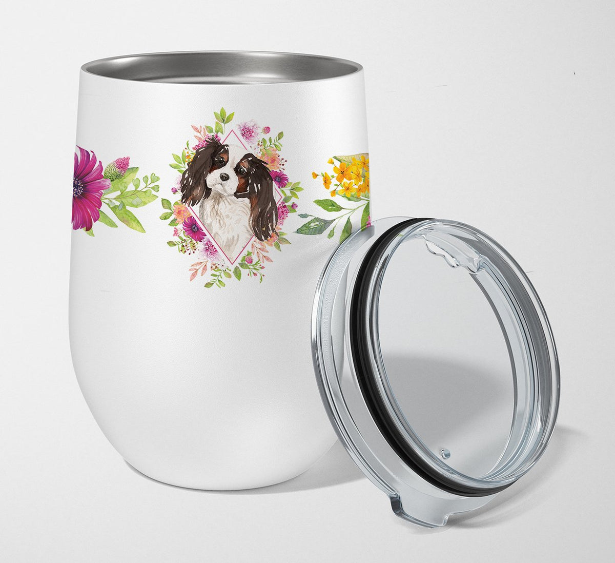 Tricolor Cavalier Spaniel Pink Flowers Stainless Steel 12 oz Stemless Wine Glass CK4206TBL12 by Caroline&#39;s Treasures