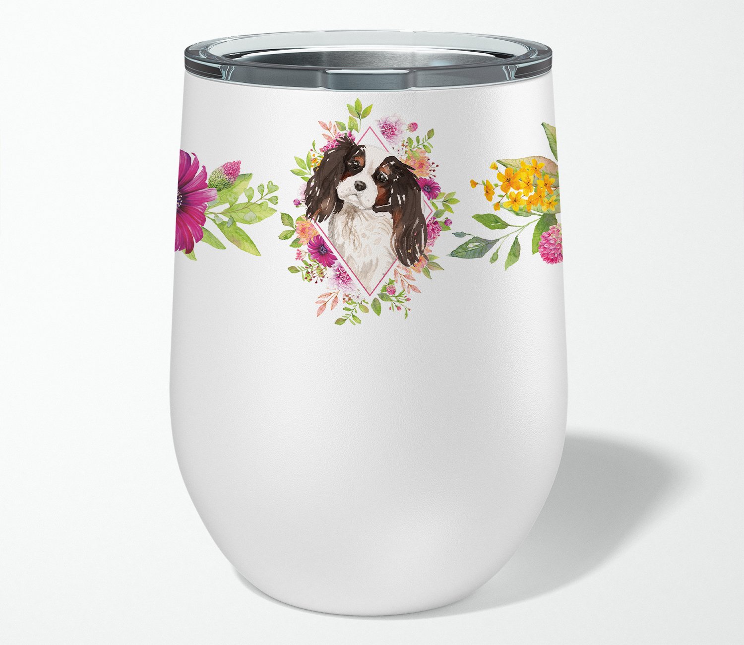 Tricolor Cavalier Spaniel Pink Flowers Stainless Steel 12 oz Stemless Wine Glass CK4206TBL12 by Caroline's Treasures