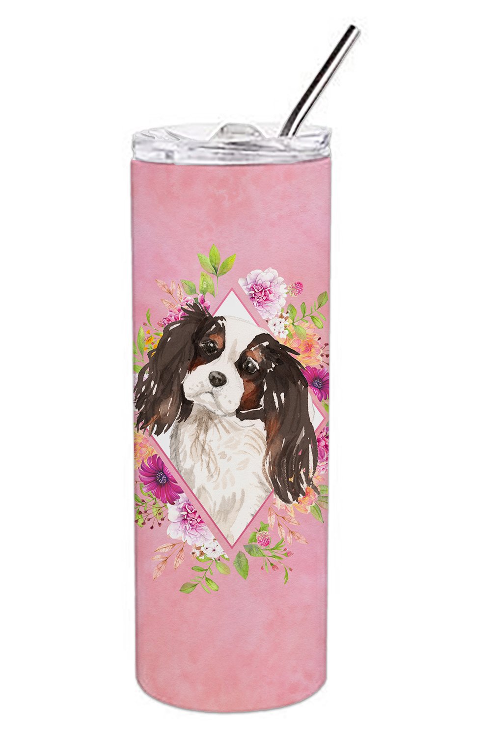 Tricolor Cavalier Spaniel Pink Flowers Double Walled Stainless Steel 20 oz Skinny Tumbler CK4206TBL20 by Caroline's Treasures