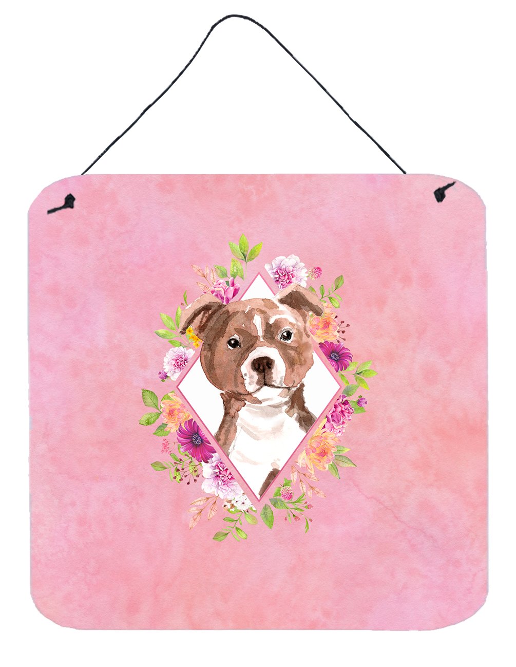 Staffie Bull Terrier Pink Flowers Wall or Door Hanging Prints CK4208DS66 by Caroline&#39;s Treasures