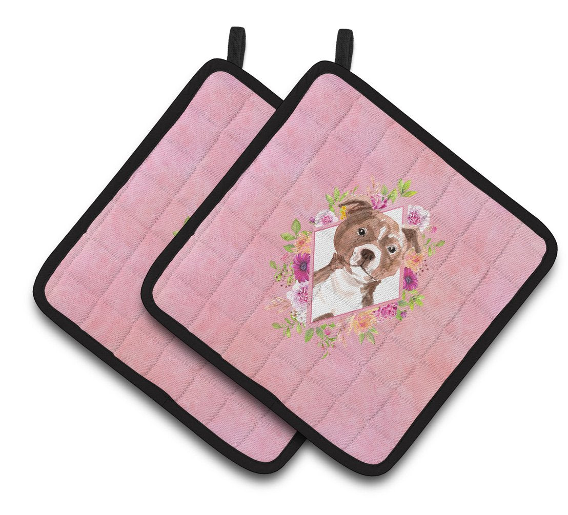 Staffie Bull Terrier Pink Flowers Pair of Pot Holders CK4208PTHD by Caroline&#39;s Treasures