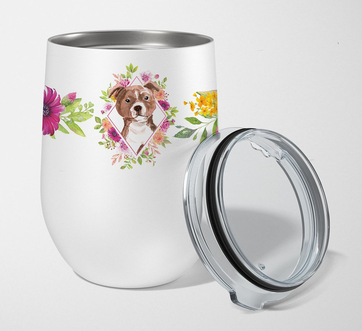 Staffie Bull Terrier Pink Flowers Stainless Steel 12 oz Stemless Wine Glass CK4208TBL12 by Caroline&#39;s Treasures