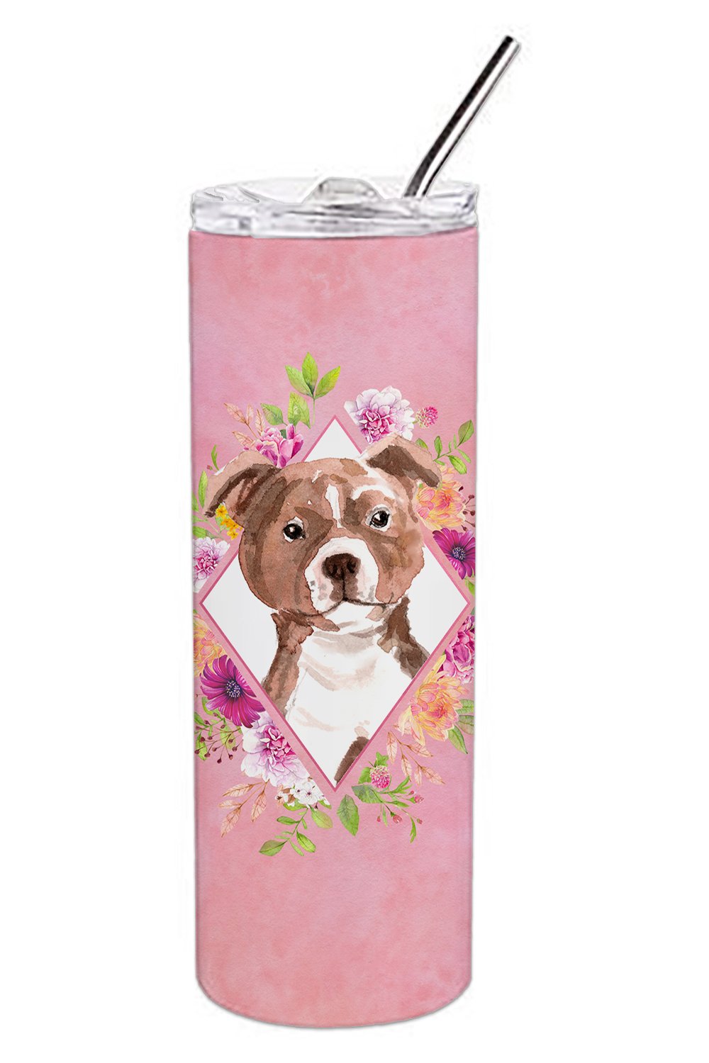 Staffie Bull Terrier Pink Flowers Double Walled Stainless Steel 20 oz Skinny Tumbler CK4208TBL20 by Caroline&#39;s Treasures