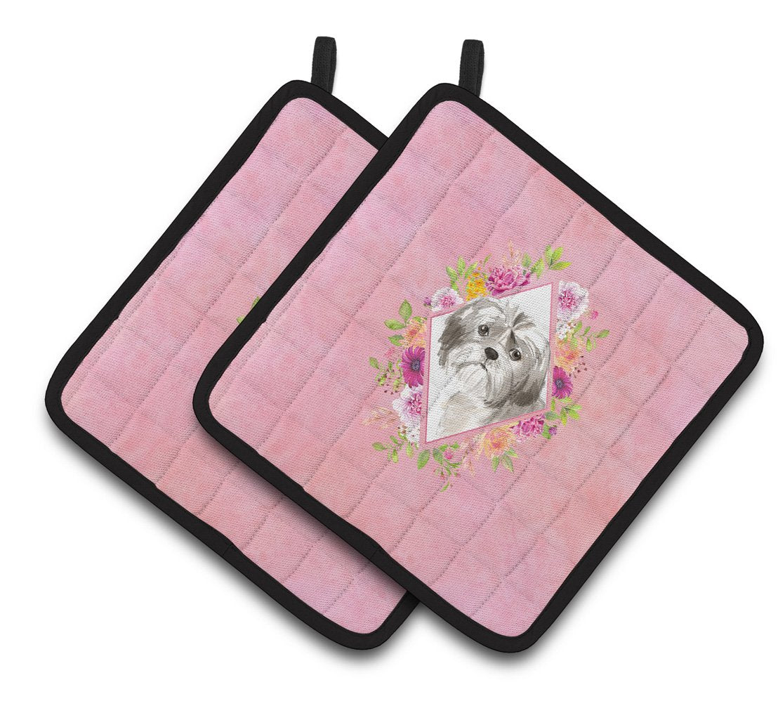 Shih Tzu Puppy Pink Flowers Pair of Pot Holders CK4211PTHD by Caroline&#39;s Treasures