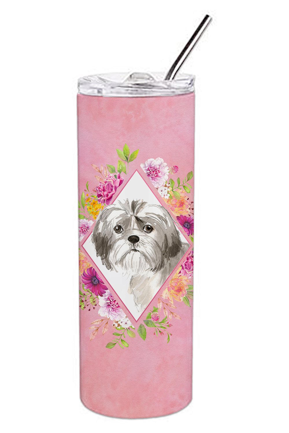 Shih Tzu Puppy Pink Flowers Double Walled Stainless Steel 20 oz Skinny Tumbler CK4211TBL20 by Caroline&#39;s Treasures