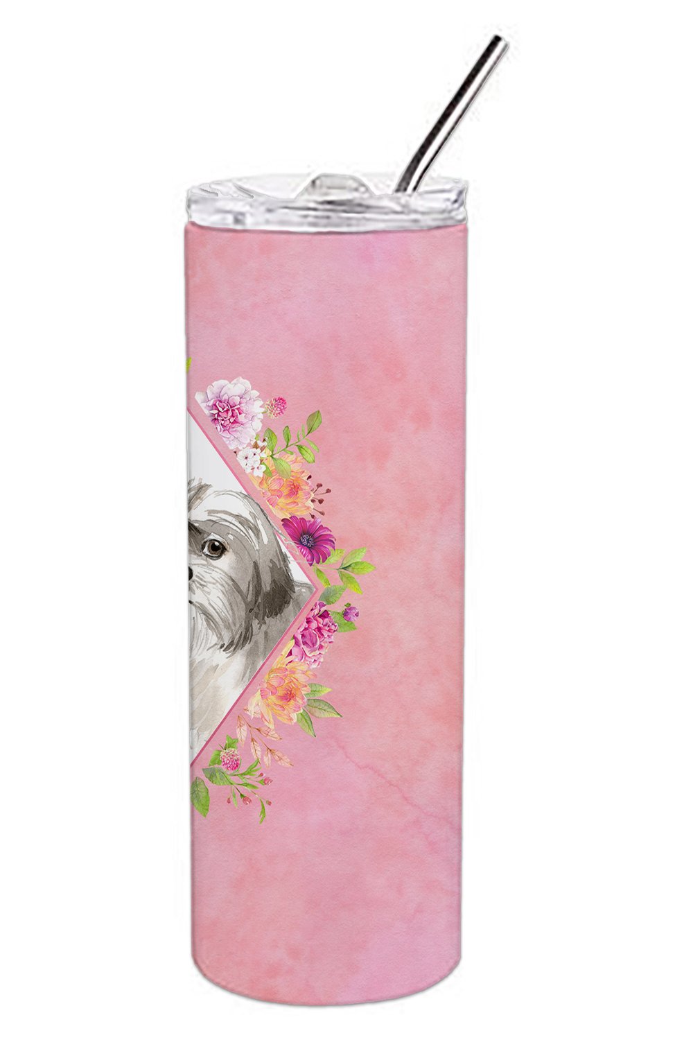 Shih Tzu Puppy Pink Flowers Double Walled Stainless Steel 20 oz Skinny Tumbler CK4211TBL20 by Caroline's Treasures