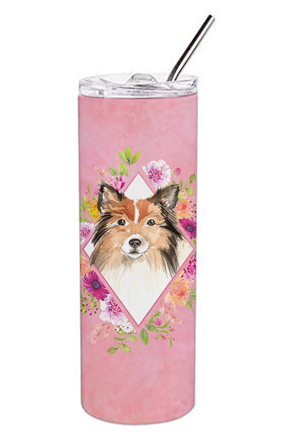 Sheltie Pink Flowers Double Walled Stainless Steel 20 oz Skinny Tumbler CK4213TBL20 by Caroline&#39;s Treasures