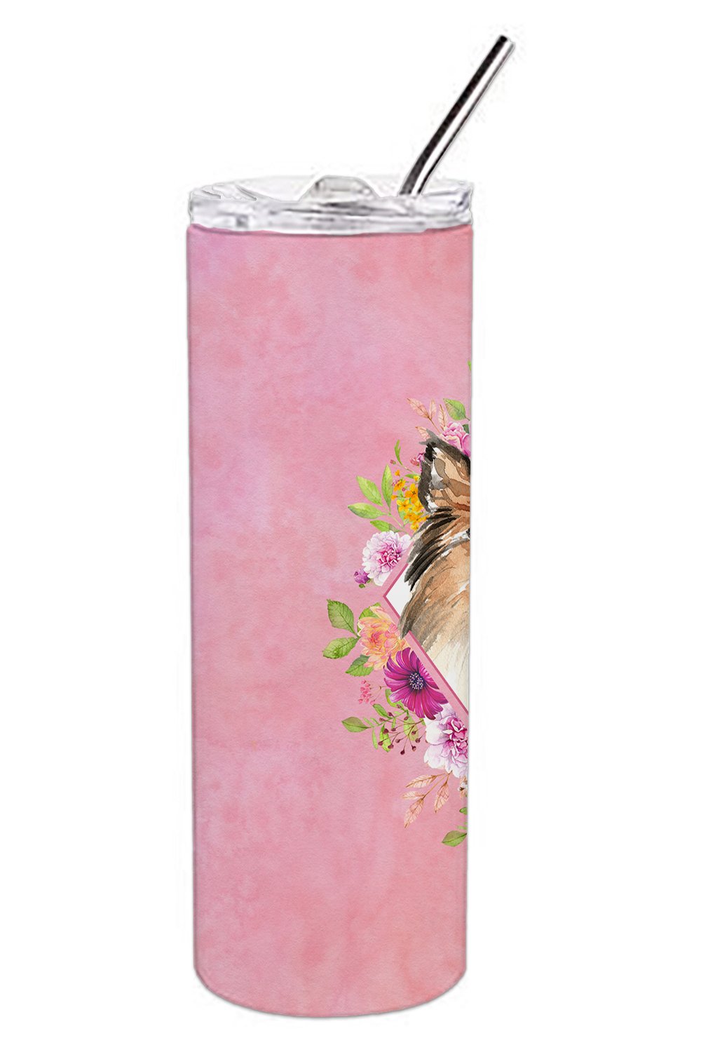 Sheltie Pink Flowers Double Walled Stainless Steel 20 oz Skinny Tumbler CK4213TBL20 by Caroline's Treasures