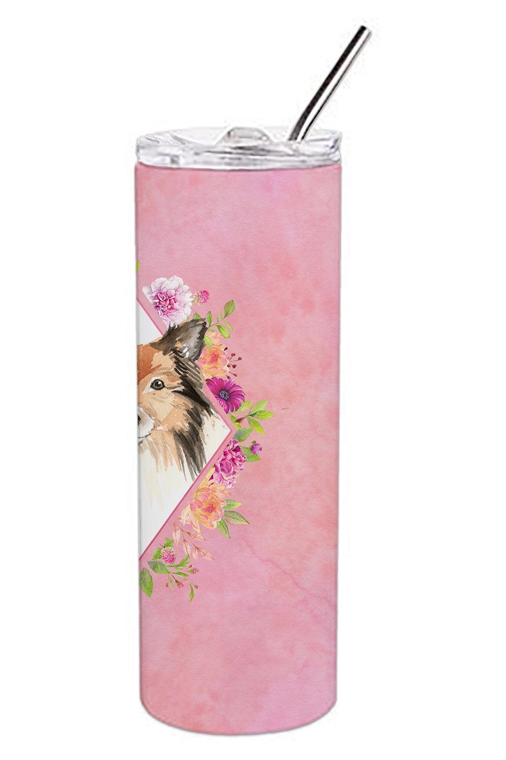 Sheltie Pink Flowers Double Walled Stainless Steel 20 oz Skinny Tumbler CK4213TBL20 by Caroline's Treasures
