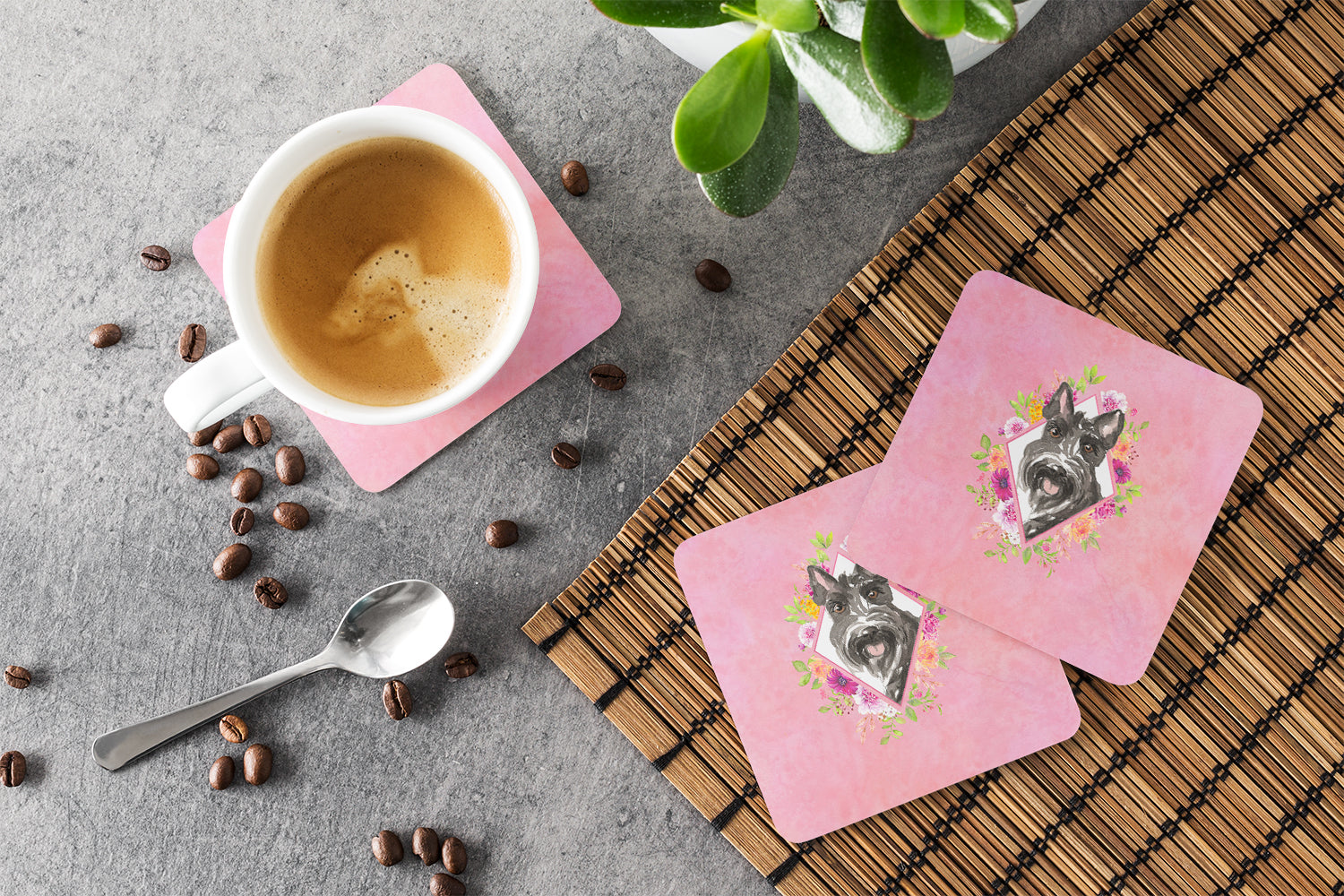 Set of 4 Scottish Terrier Pink Flowers Foam Coasters Set of 4 CK4214FC - the-store.com