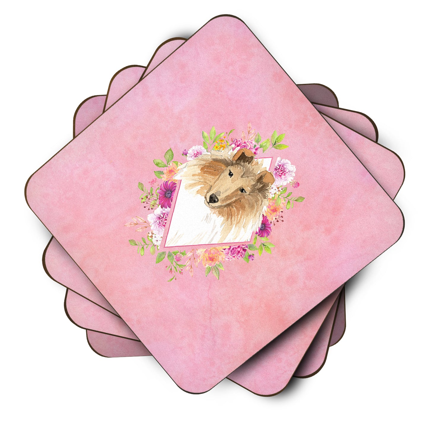 Set of 4 Collie Pink Flowers Foam Coasters Set of 4 CK4216FC - the-store.com