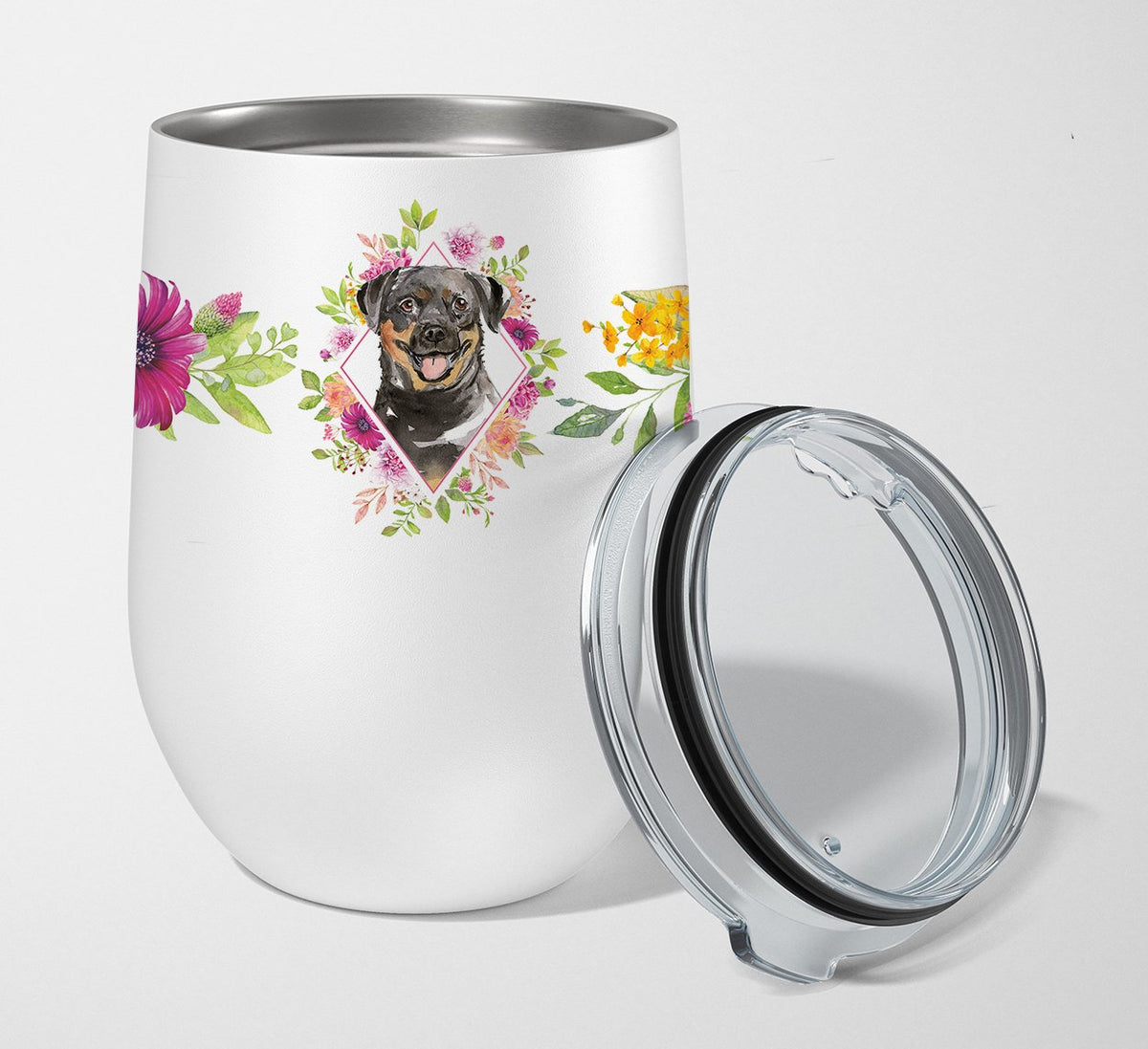 Rottweiler Pink Flowers Stainless Steel 12 oz Stemless Wine Glass CK4217TBL12 by Caroline&#39;s Treasures