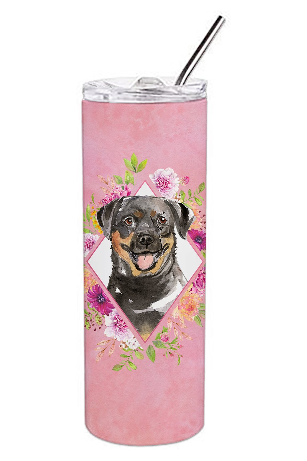 Rottweiler Pink Flowers Double Walled Stainless Steel 20 oz Skinny Tumbler CK4217TBL20 by Caroline&#39;s Treasures
