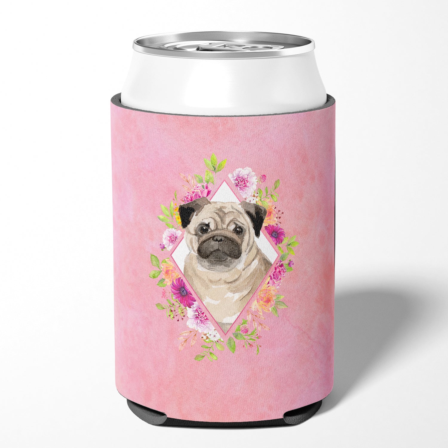 Fawn Pug Pink Flowers Can or Bottle Hugger CK4218CC  the-store.com.