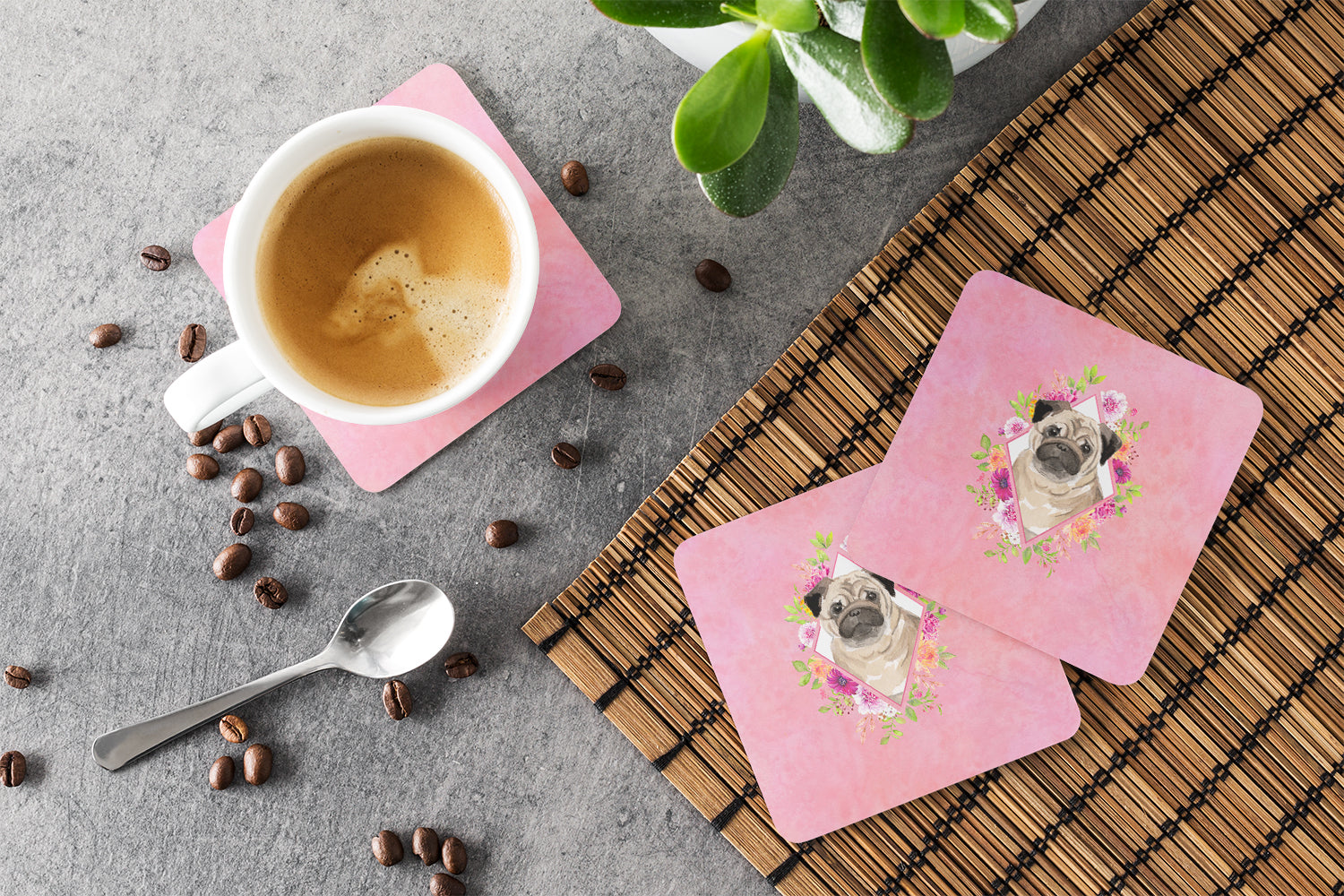 Set of 4 Fawn Pug Pink Flowers Foam Coasters Set of 4 CK4218FC - the-store.com