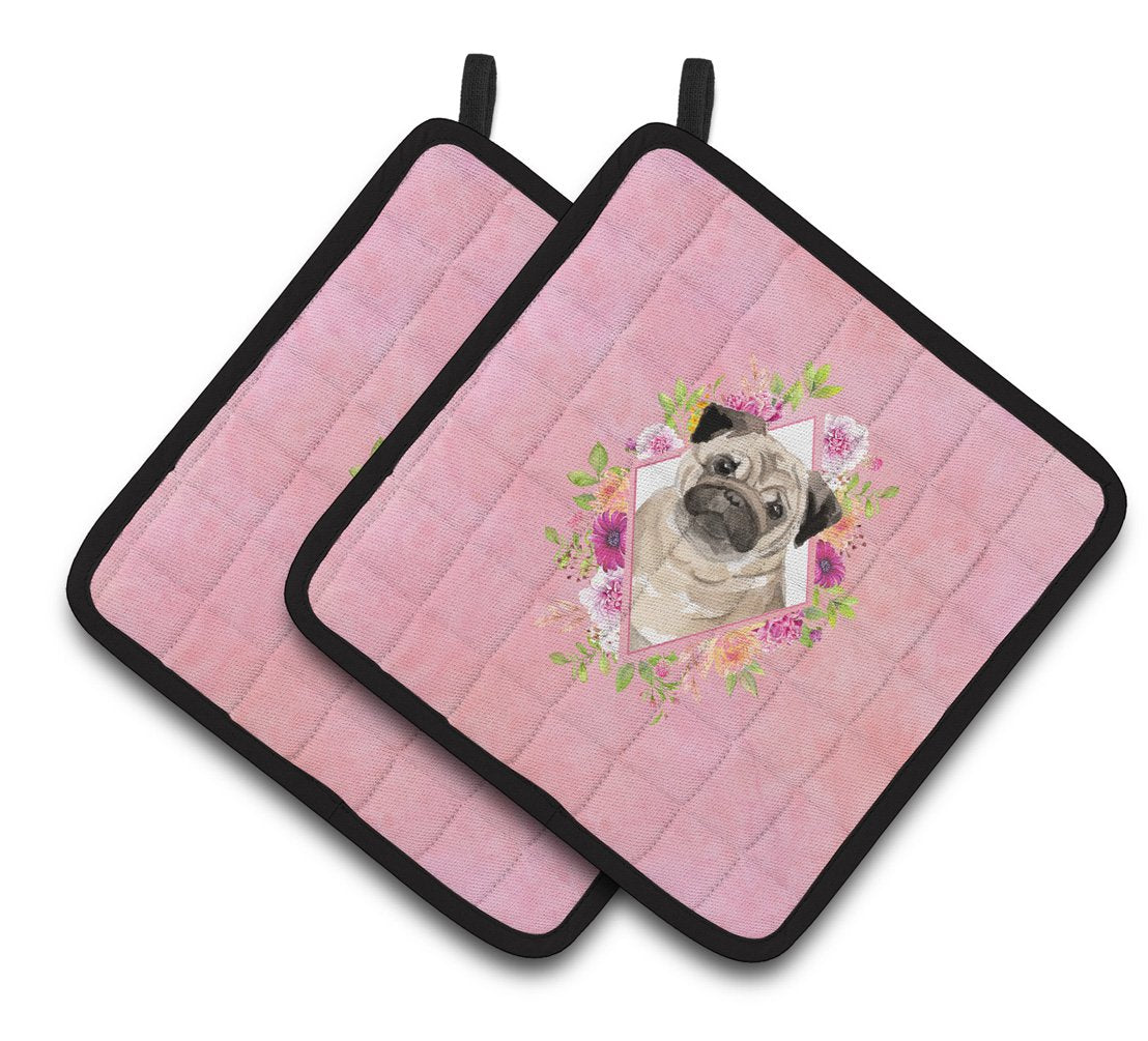 Fawn Pug Pink Flowers Pair of Pot Holders CK4218PTHD by Caroline's Treasures