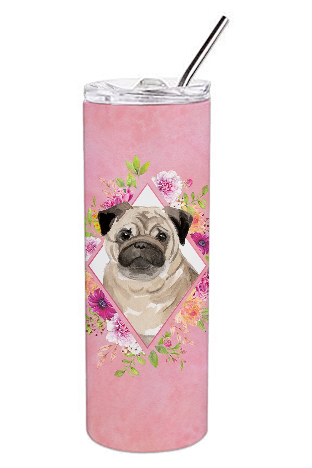 Fawn Pug Pink Flowers Double Walled Stainless Steel 20 oz Skinny Tumbler CK4218TBL20 by Caroline&#39;s Treasures