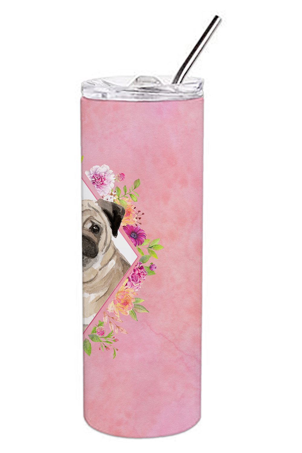 Fawn Pug Pink Flowers Double Walled Stainless Steel 20 oz Skinny Tumbler CK4218TBL20 by Caroline's Treasures