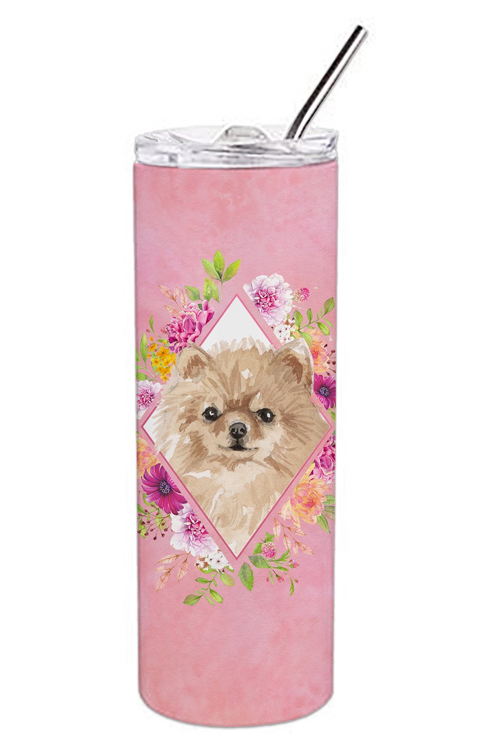 Pomeranian Pink Flowers Double Walled Stainless Steel 20 oz Skinny Tumbler CK4219TBL20 by Caroline&#39;s Treasures
