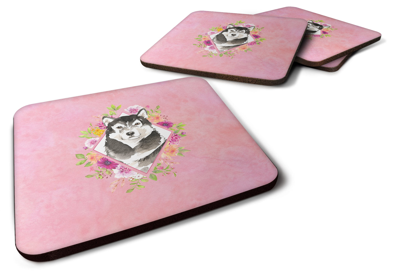 Caroline's Treasures Alaskan Malamute Pink Flowers Coasters - Set of 4 Lightweight Foam, Absorbent Drink Coasters CK4224FC