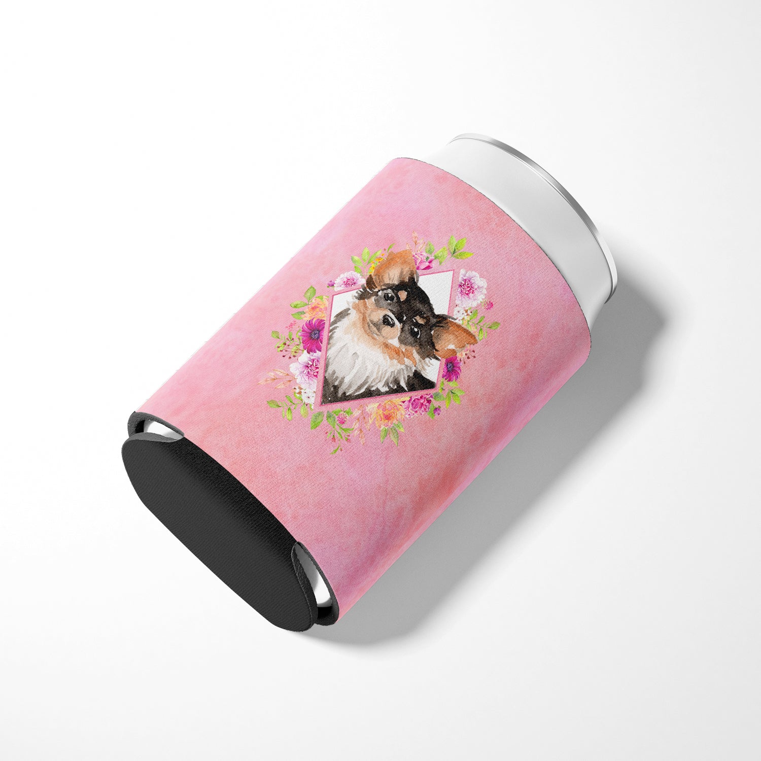 Longhaired Chihuahua Pink Flowers Can or Bottle Hugger CK4225CC  the-store.com.