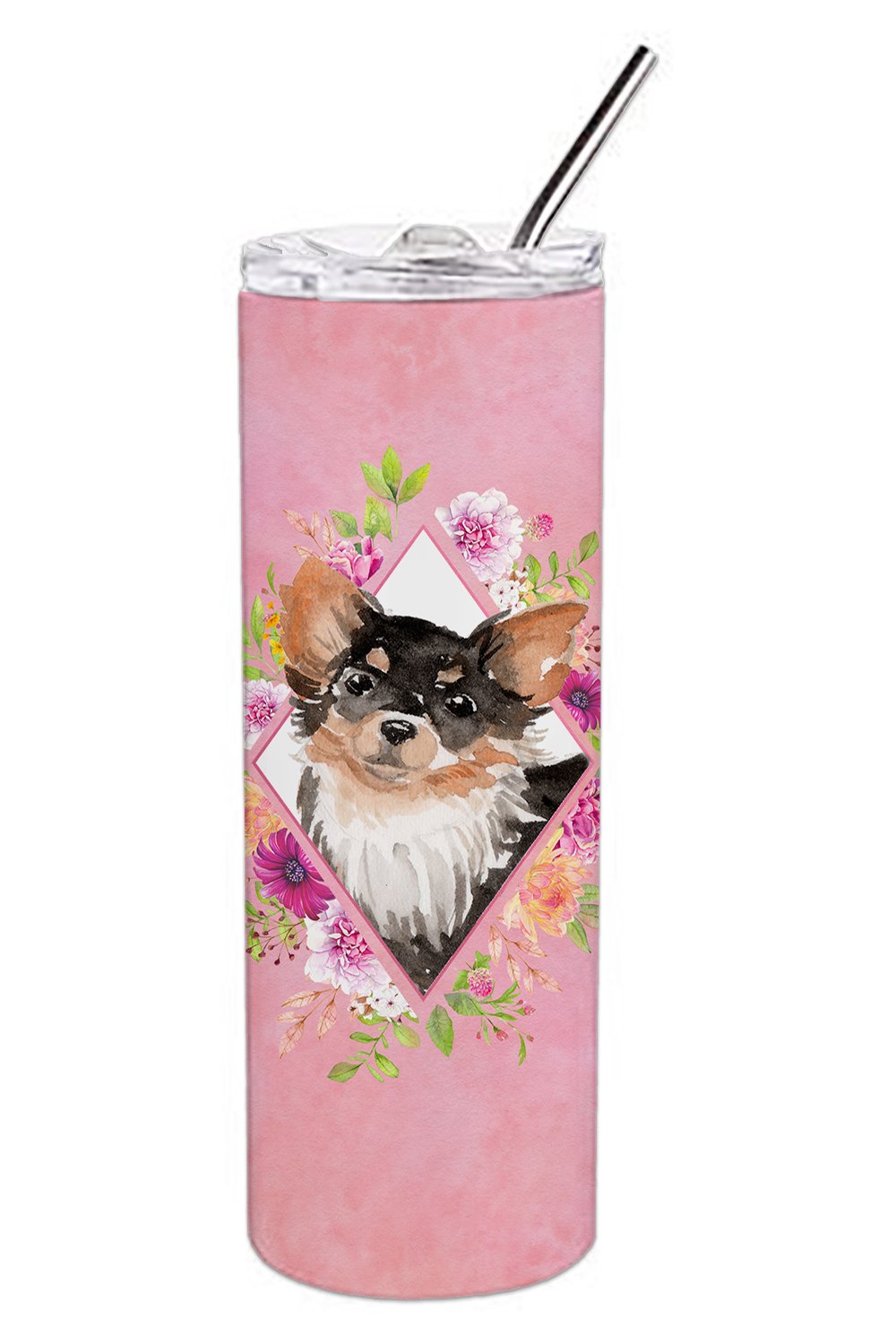 Longhaired Chihuahua Pink Flowers Double Walled Stainless Steel 20 oz Skinny Tumbler CK4225TBL20 by Caroline&#39;s Treasures