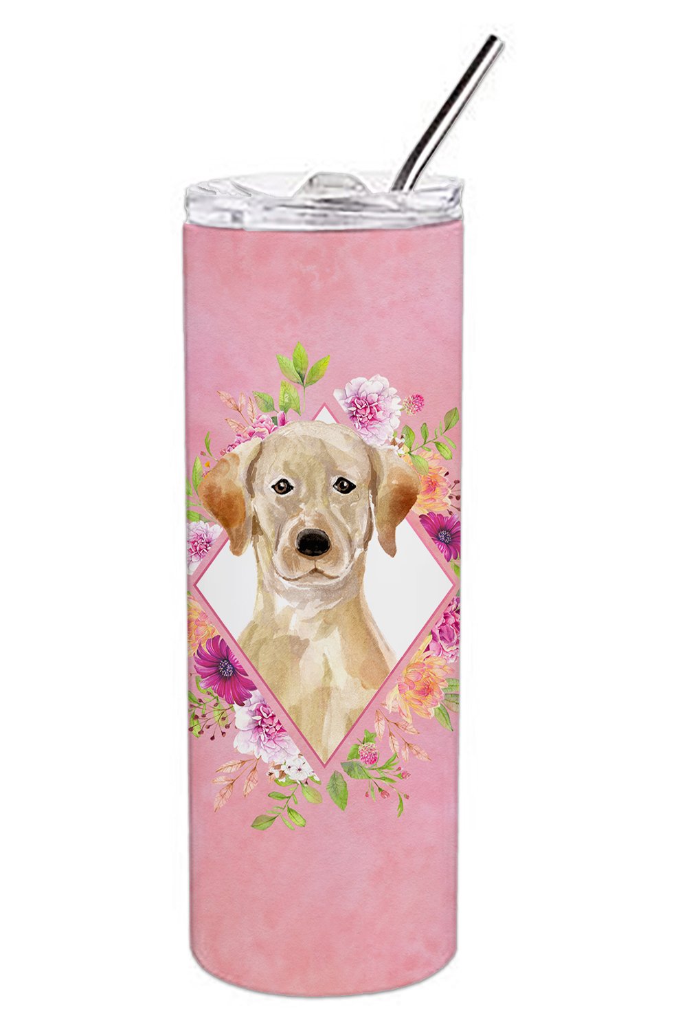 Yellow Lab Pink Flowers Double Walled Stainless Steel 20 oz Skinny Tumbler CK4227TBL20 by Caroline&#39;s Treasures