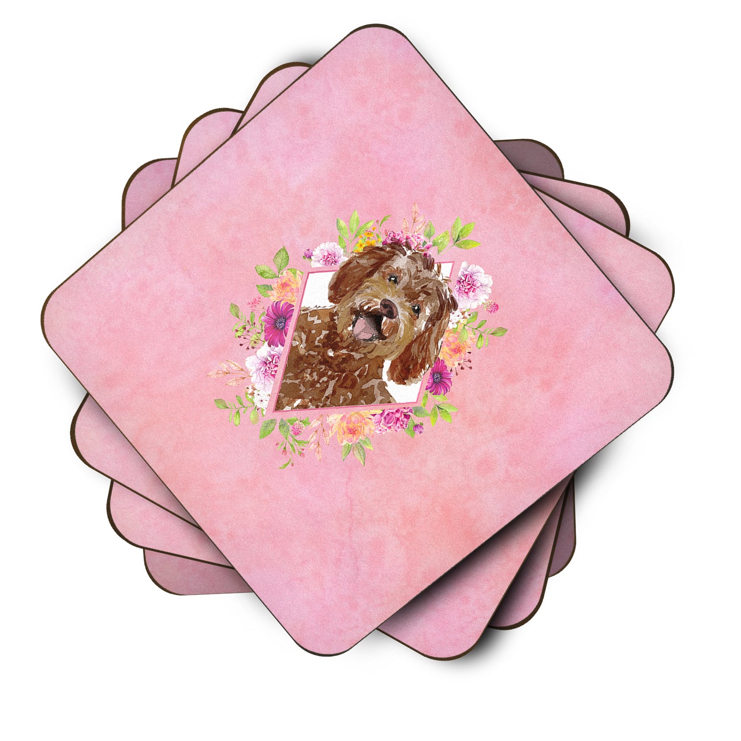 Set of 4 Labradoodle Pink Flowers Foam Coasters Set of 4 CK4228FC - the-store.com
