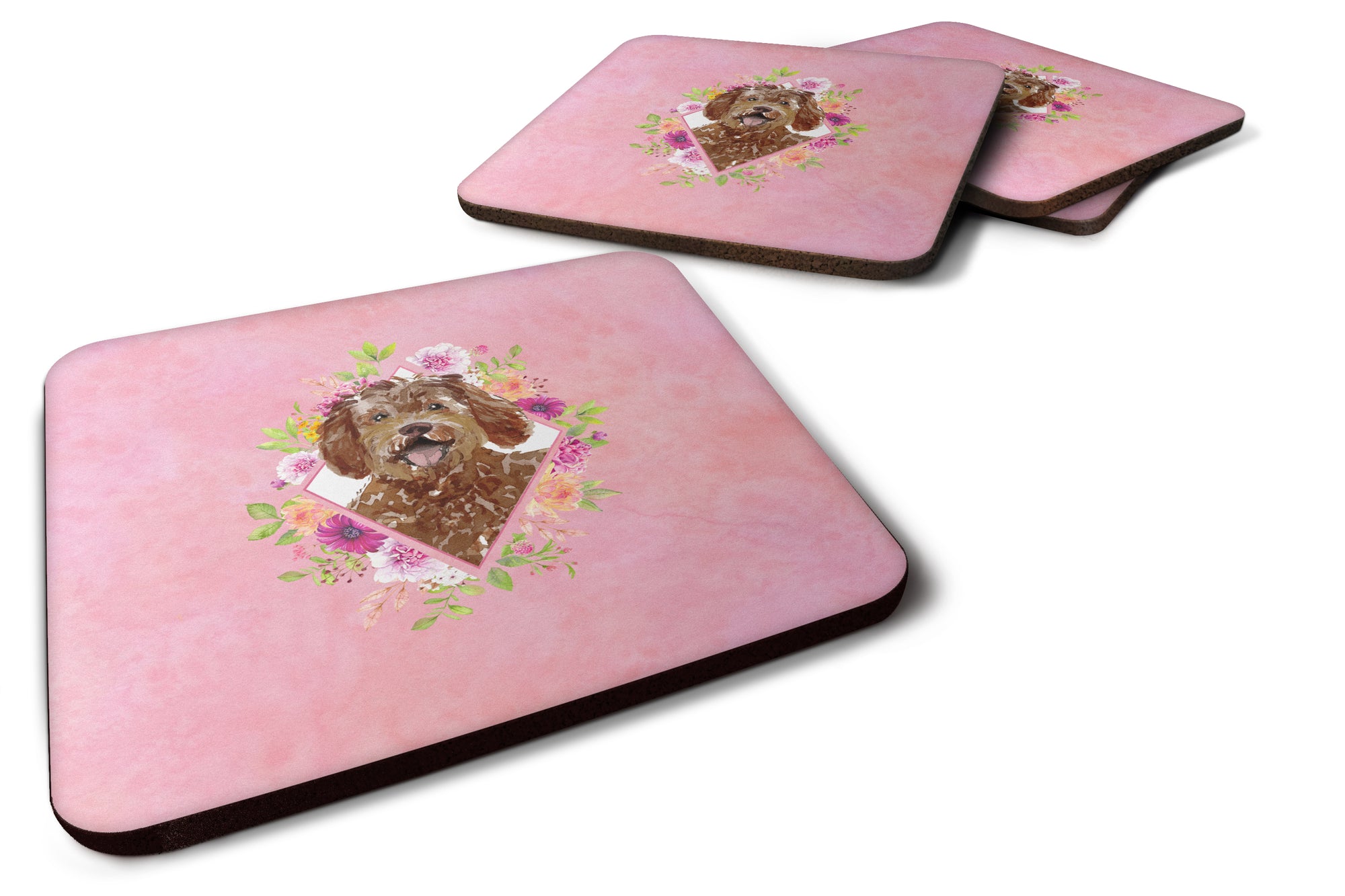 Set of 4 Labradoodle Pink Flowers Foam Coasters Set of 4 CK4228FC - the-store.com