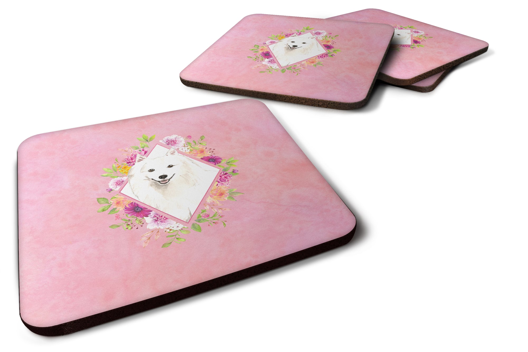 Set of 4 Japanese Spitz Pink Flowers Foam Coasters Set of 4 CK4229FC - the-store.com