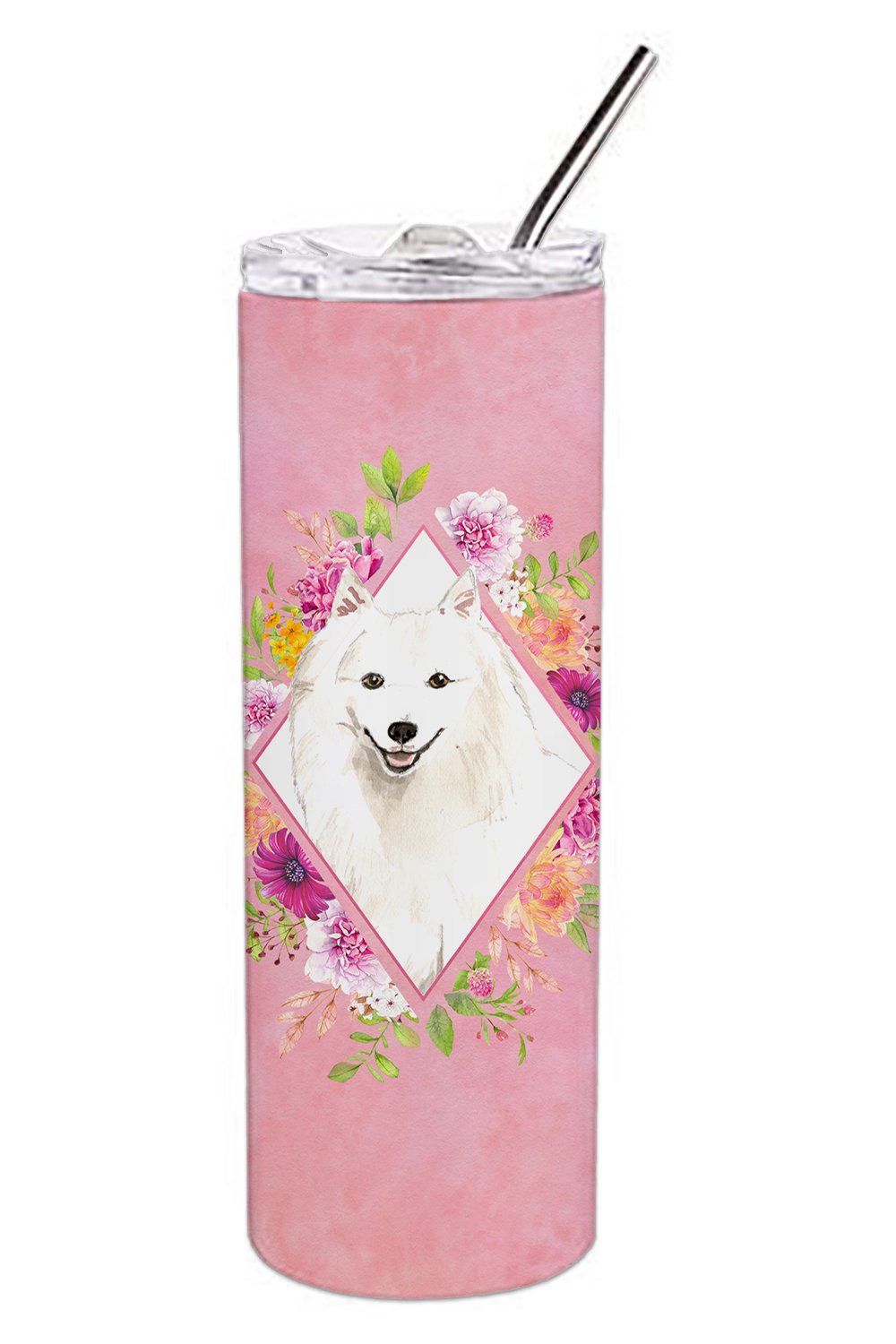 Japanese Spitz Pink Flowers Double Walled Stainless Steel 20 oz Skinny Tumbler CK4229TBL20 by Caroline&#39;s Treasures