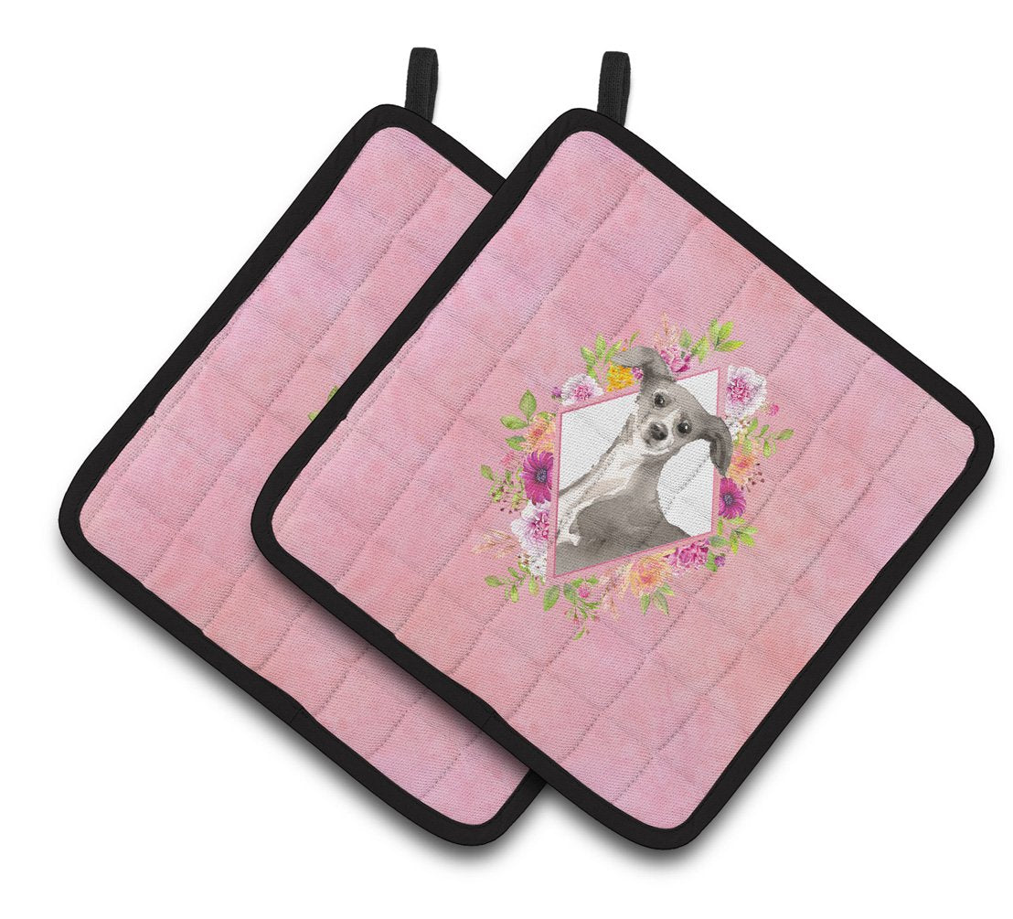 Italian Greyhound Pink Flowers Pair of Pot Holders CK4230PTHD by Caroline&#39;s Treasures