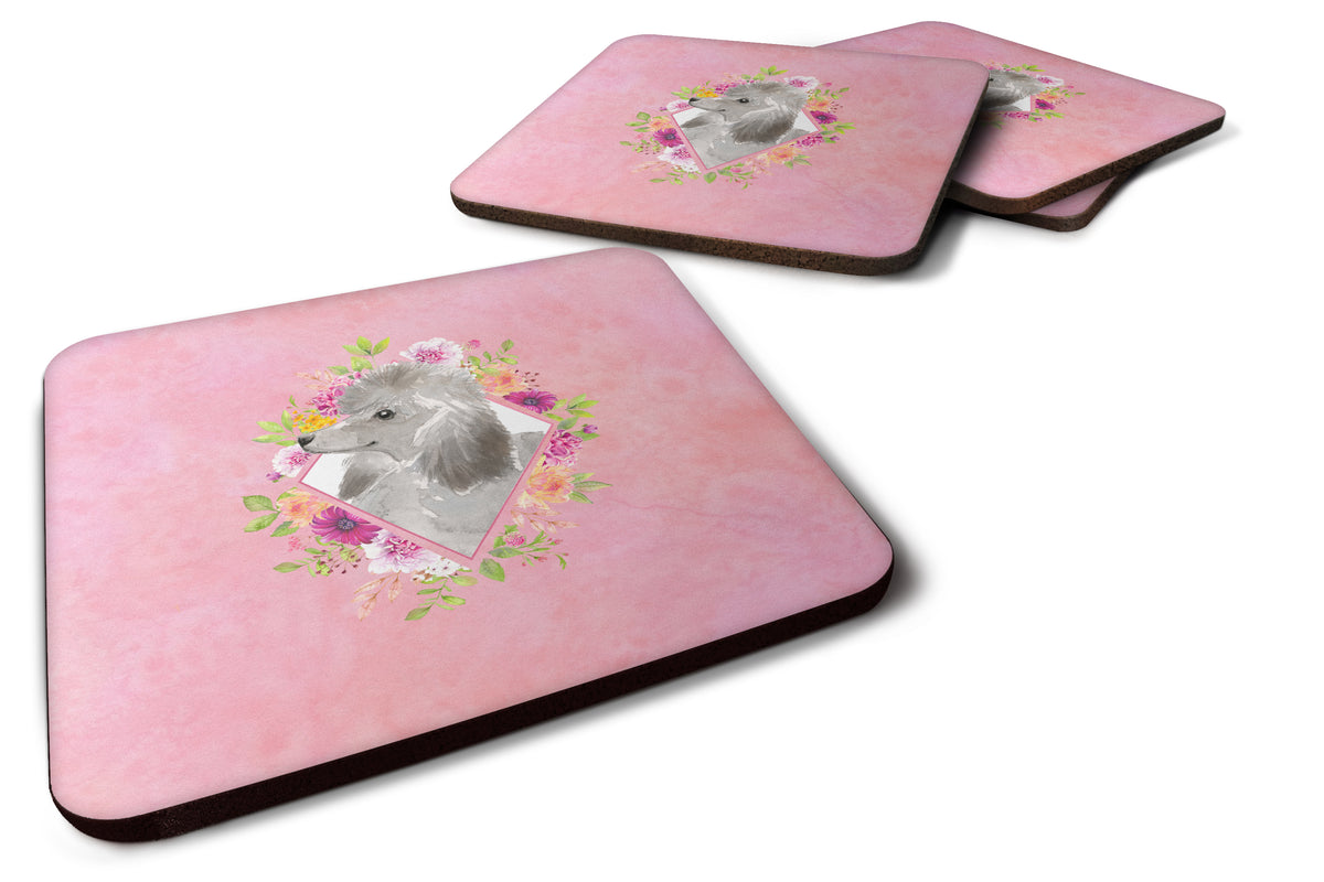 Set of 4 Grey Standard Poodle Pink Flowers Foam Coasters Set of 4 CK4233FC - the-store.com