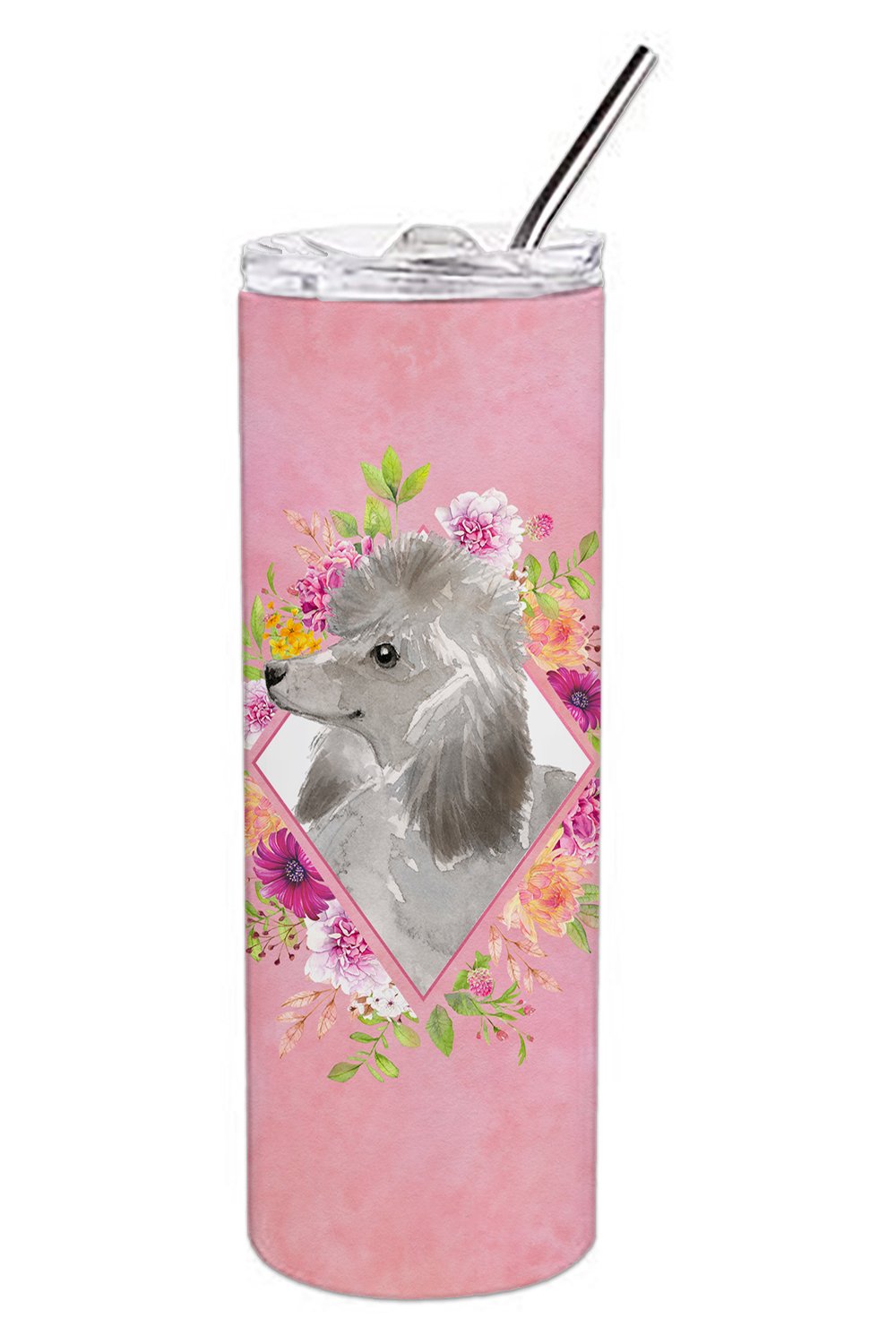 Grey Standard Poodle Pink Flowers Double Walled Stainless Steel 20 oz Skinny Tumbler CK4233TBL20 by Caroline&#39;s Treasures