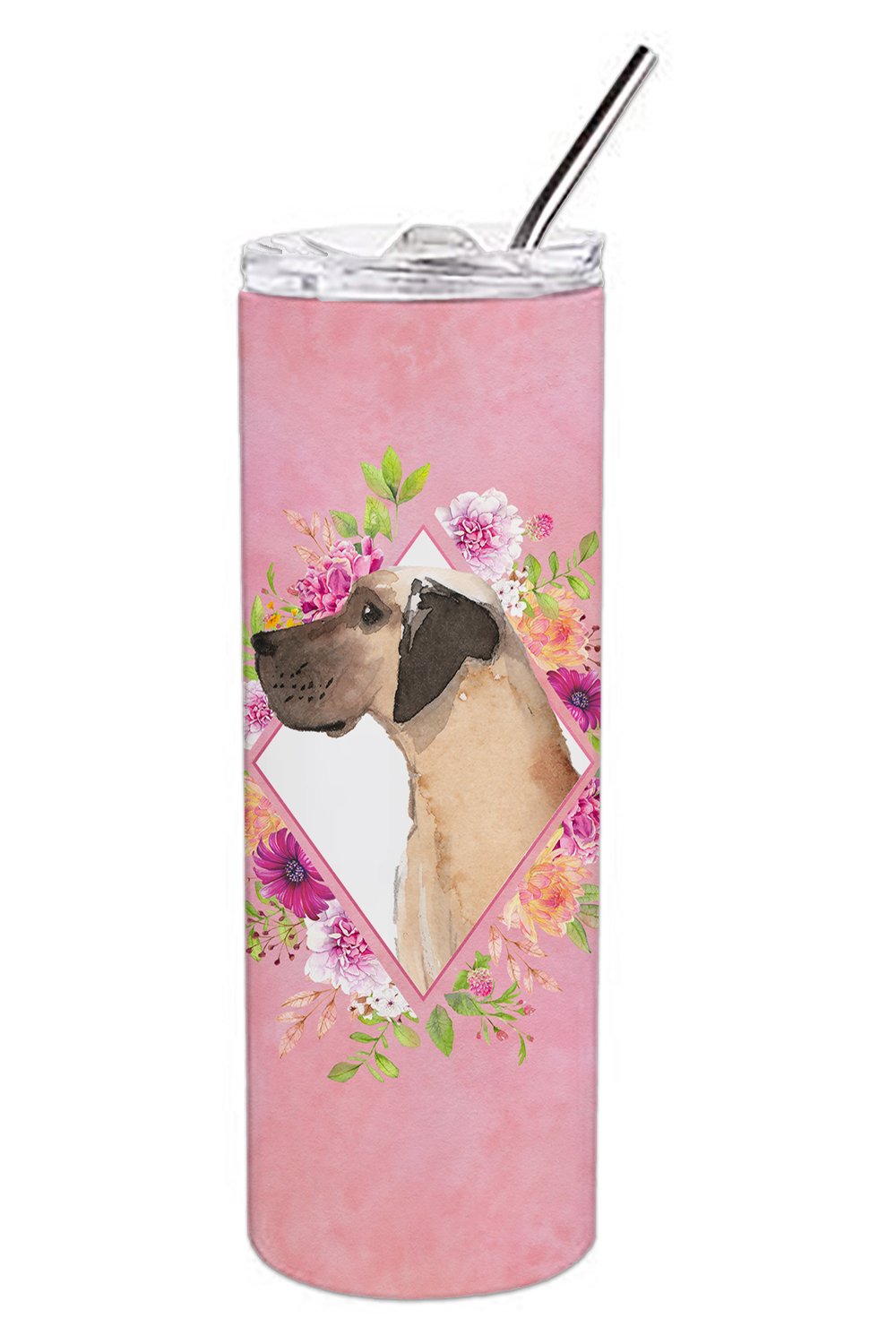 Fawn Great Dane Pink Flowers Double Walled Stainless Steel 20 oz Skinny Tumbler CK4234TBL20 by Caroline&#39;s Treasures