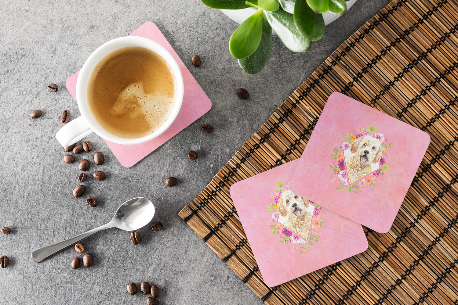 Set of 4 Goldendoodle Pink Flowers Foam Coasters Set of 4 CK4236FC - the-store.com