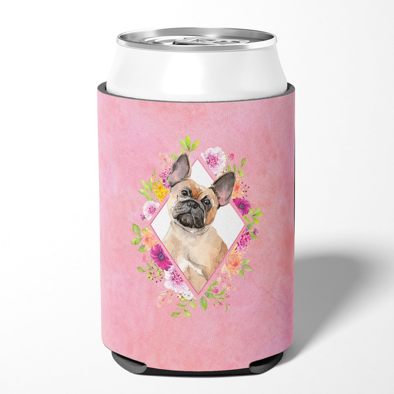 Fawn French Bulldog Pink Flowers Can or Bottle Hugger CK4238CC  the-store.com.