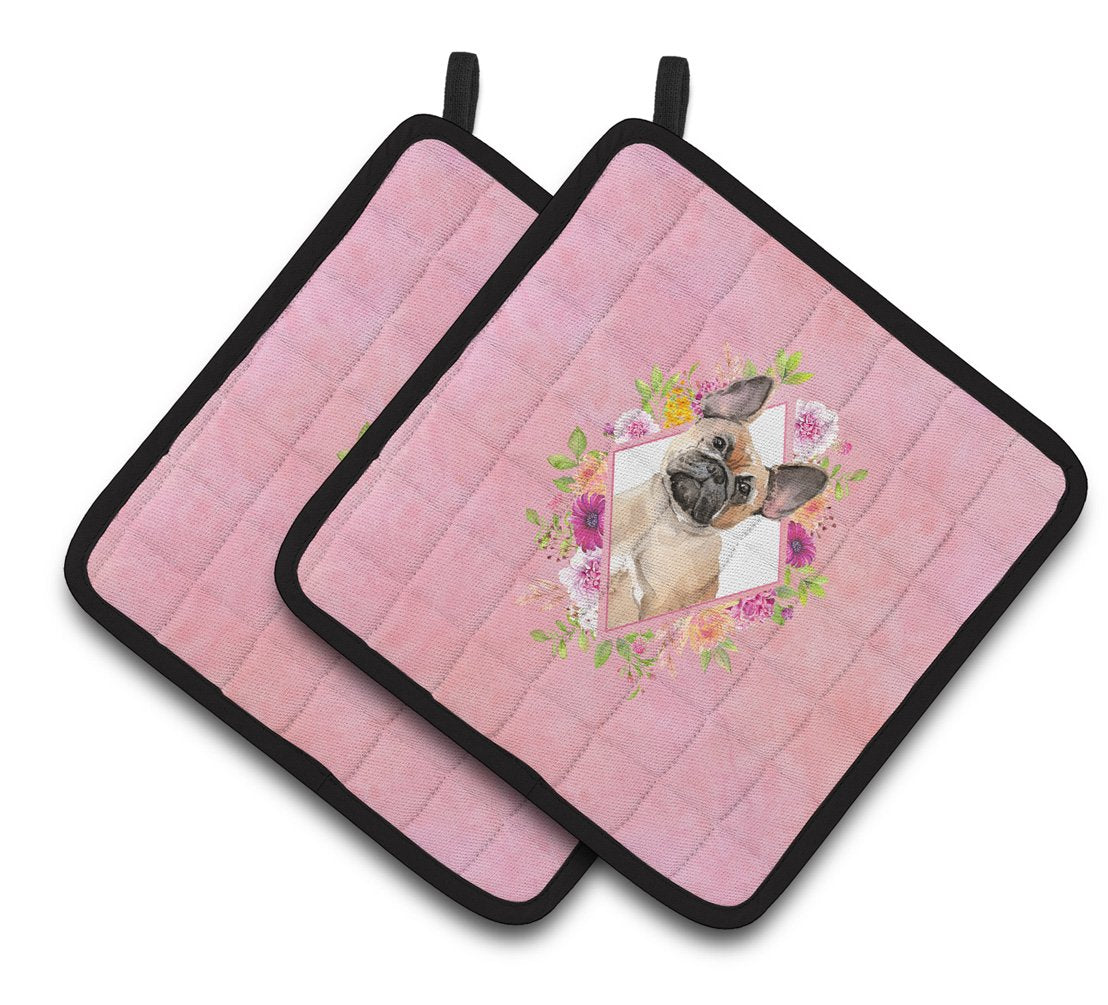Fawn French Bulldog Pink Flowers Pair of Pot Holders CK4238PTHD by Caroline&#39;s Treasures