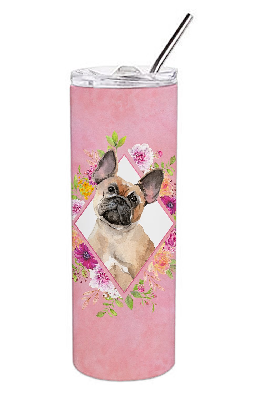 Fawn French Bulldog Pink Flowers Double Walled Stainless Steel 20 oz Skinny Tumbler CK4238TBL20 by Caroline&#39;s Treasures