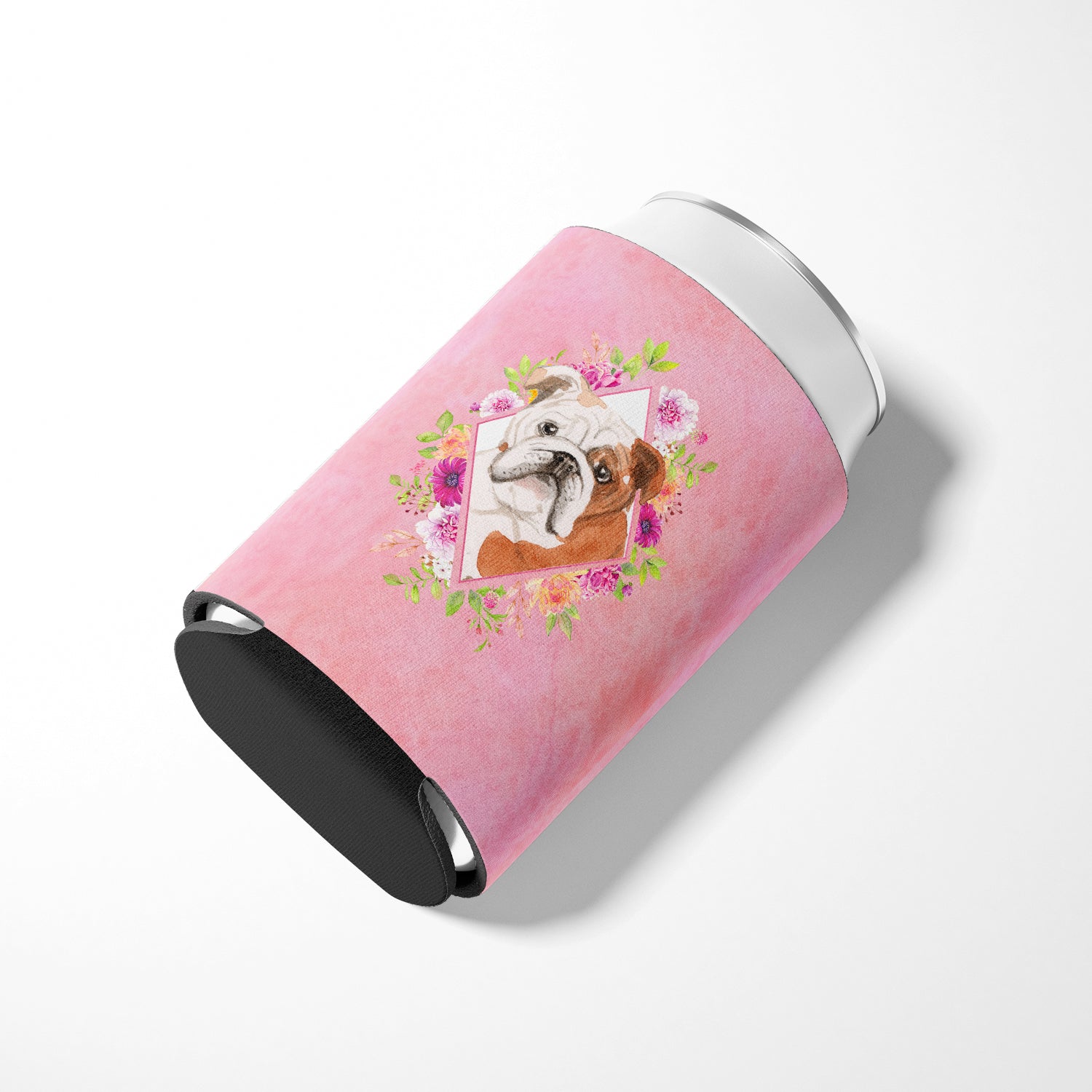 English Bulldog Pink Flowers Can or Bottle Hugger CK4240CC  the-store.com.