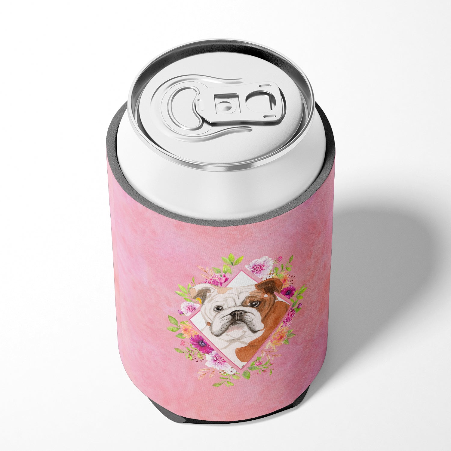 English Bulldog Pink Flowers Can or Bottle Hugger CK4240CC  the-store.com.