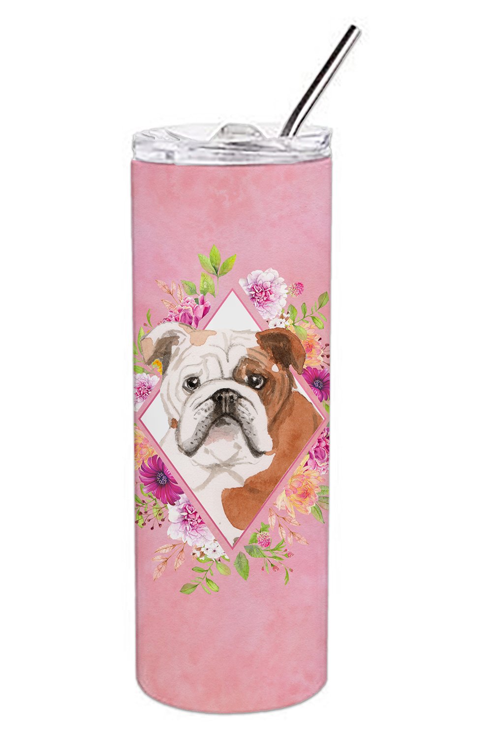 English Bulldog Pink Flowers Double Walled Stainless Steel 20 oz Skinny Tumbler CK4240TBL20 by Caroline&#39;s Treasures