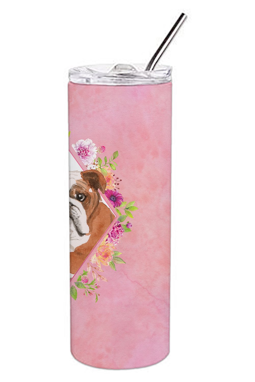 English Bulldog Pink Flowers Double Walled Stainless Steel 20 oz Skinny Tumbler CK4240TBL20 by Caroline's Treasures