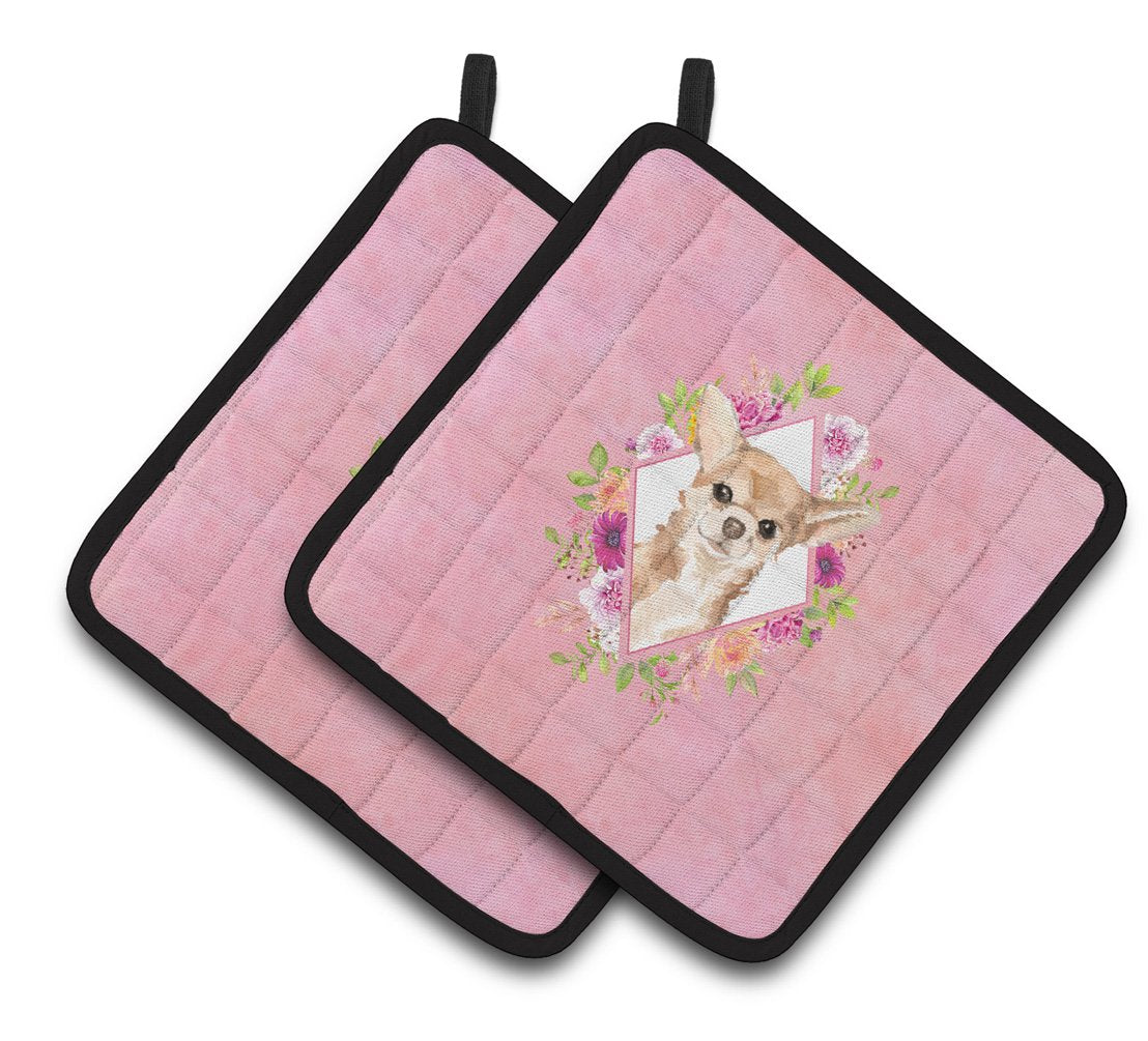 Chihuahua Pink Flowers Pair of Pot Holders CK4245PTHD by Caroline&#39;s Treasures