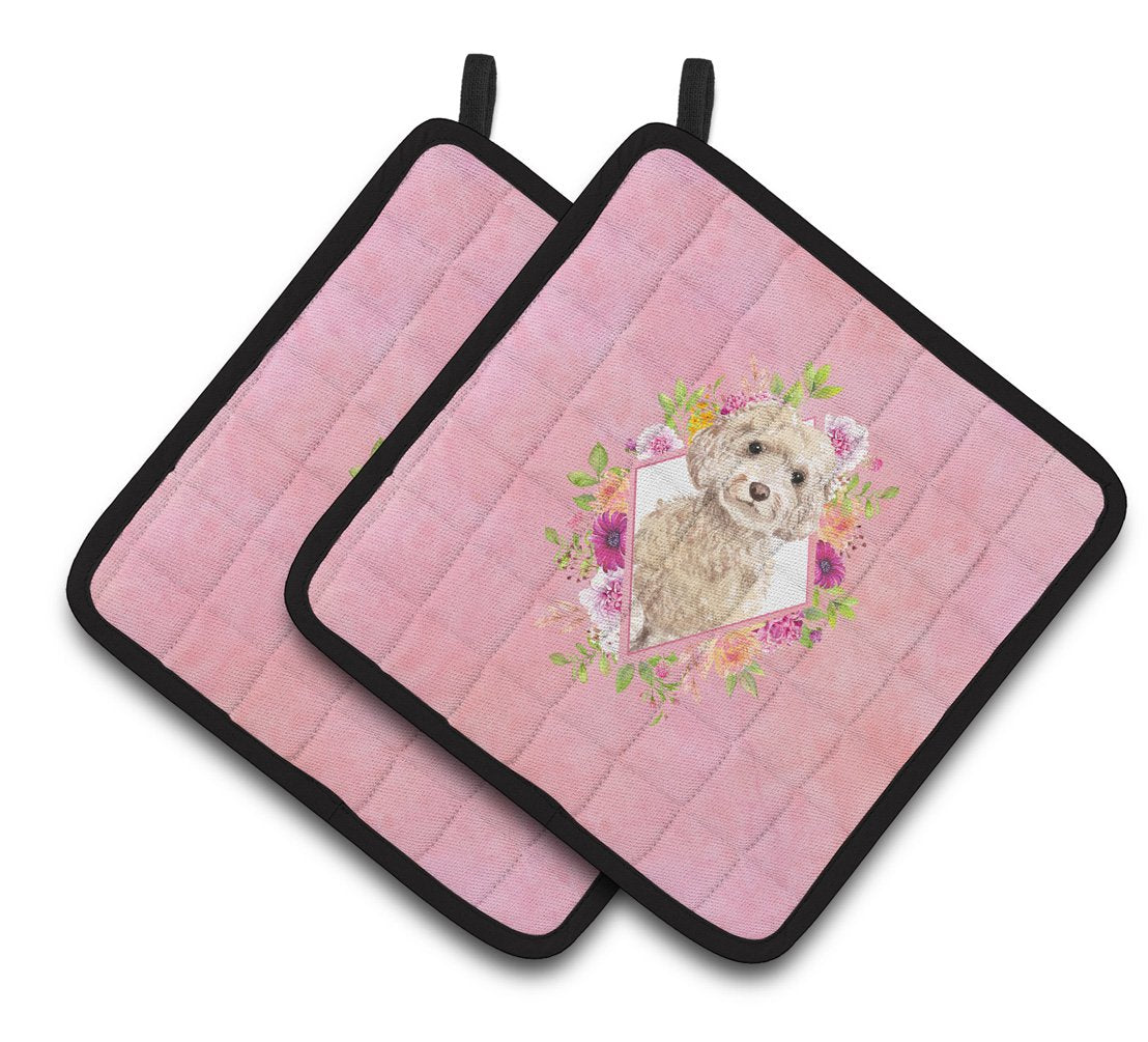 Champagne Cockapoo Pink Flowers Pair of Pot Holders CK4246PTHD by Caroline&#39;s Treasures